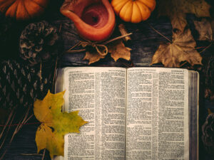 October Scene in Autumn with the bible and fall leaves